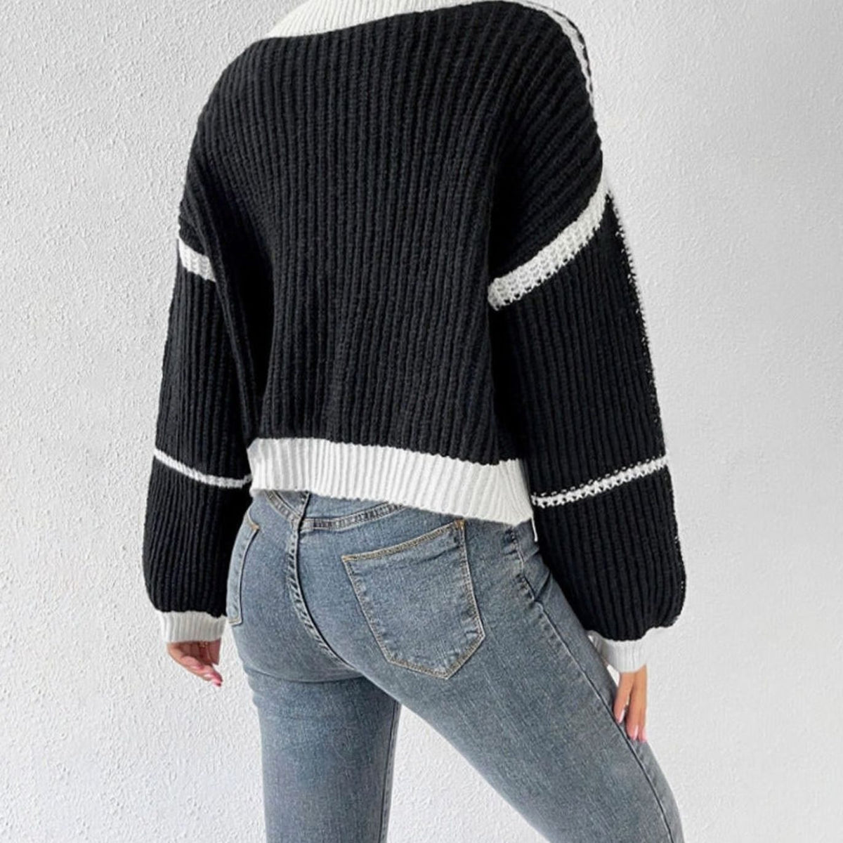 Women's Cropped Chunky Knit Open-Front Cardigan Balloon Sleeves