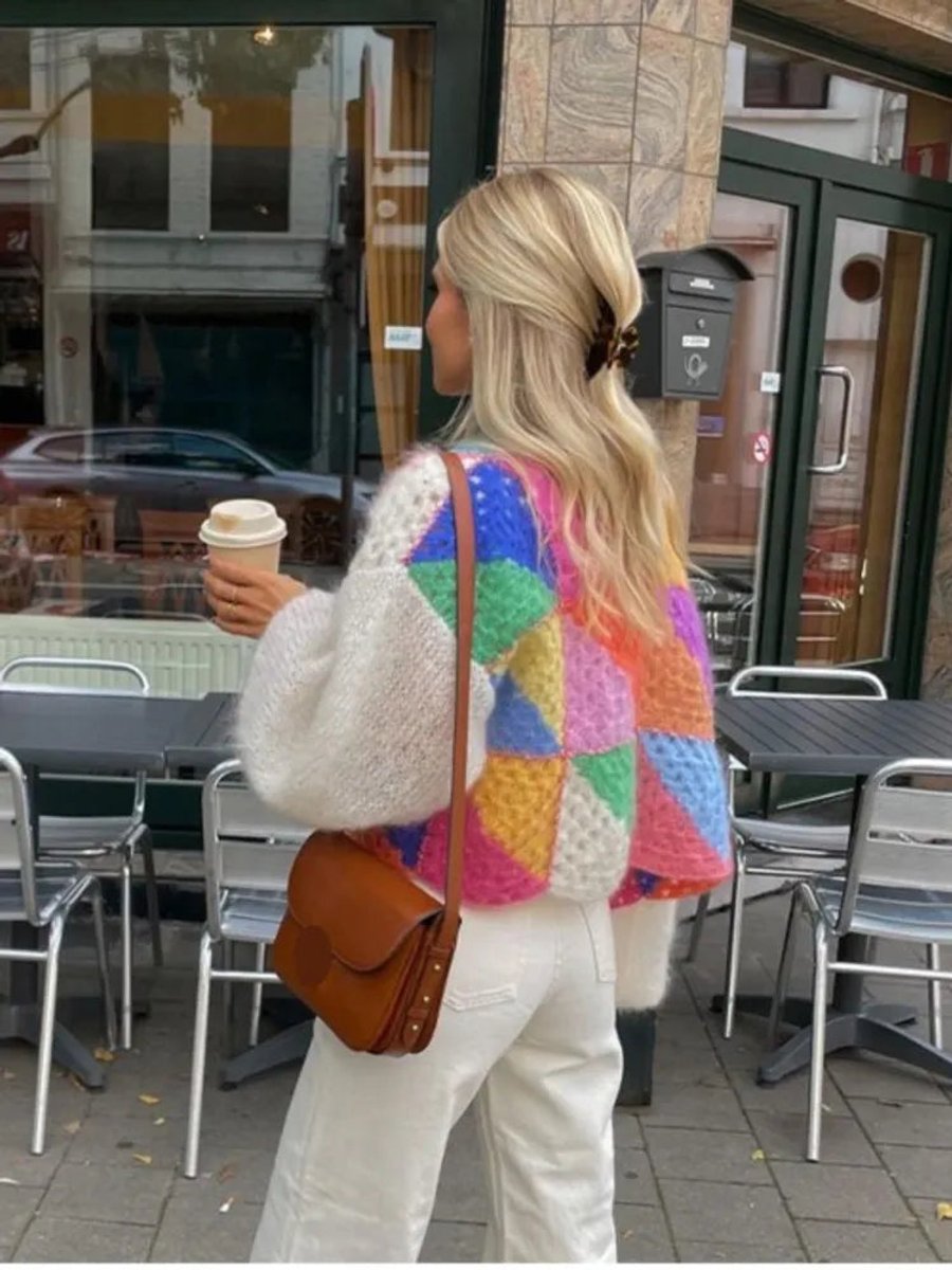 Women's Cropped Colour Block Knit Cardigan Patchwork
