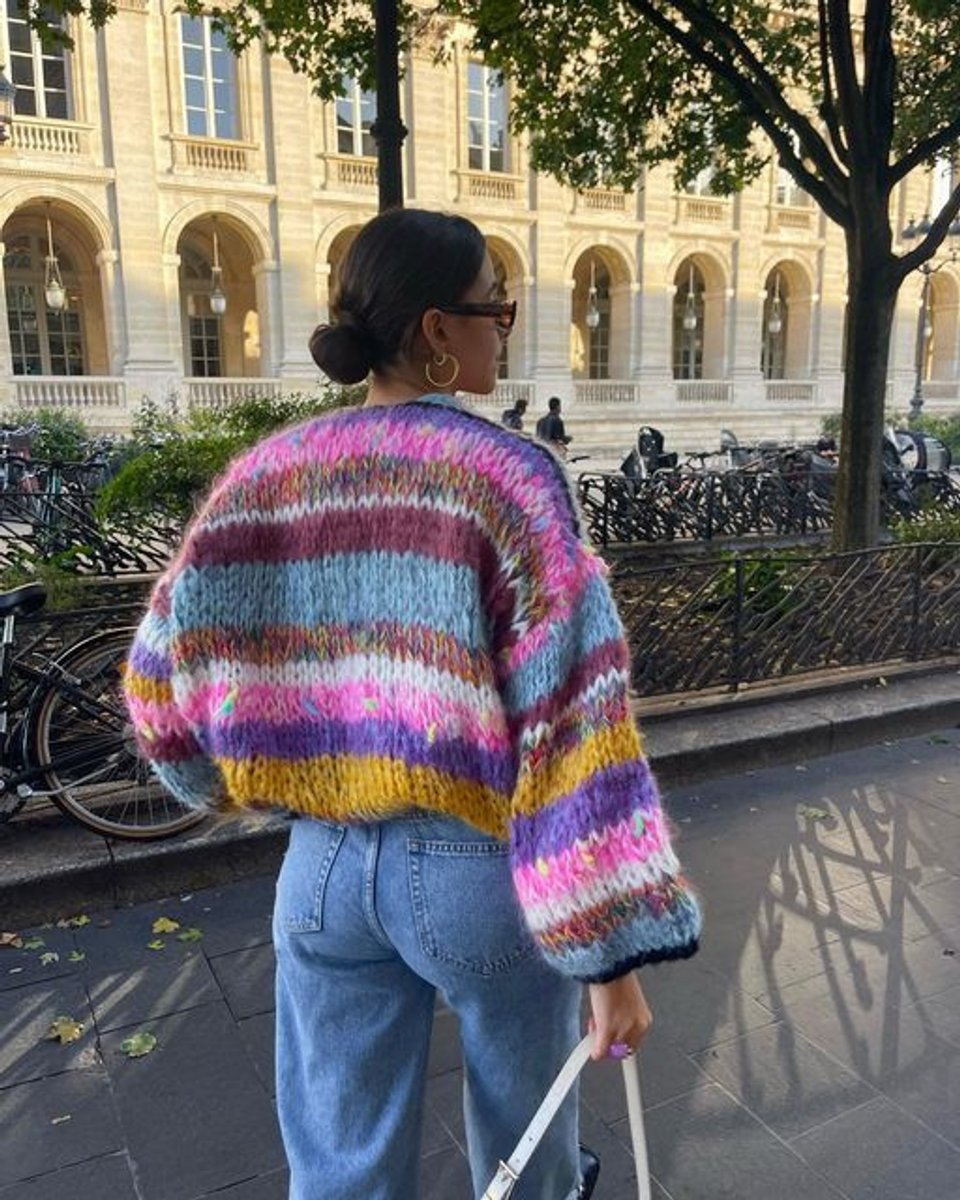 Women's Cropped Colour Block Knit Cardigan Patchwork - Purple