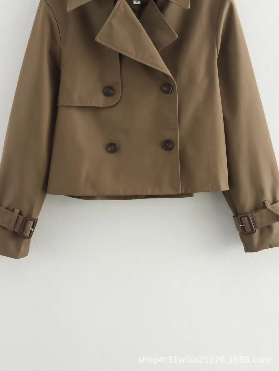 Women's Cropped Double-Breasted Trench Coat Buckle Cuff
