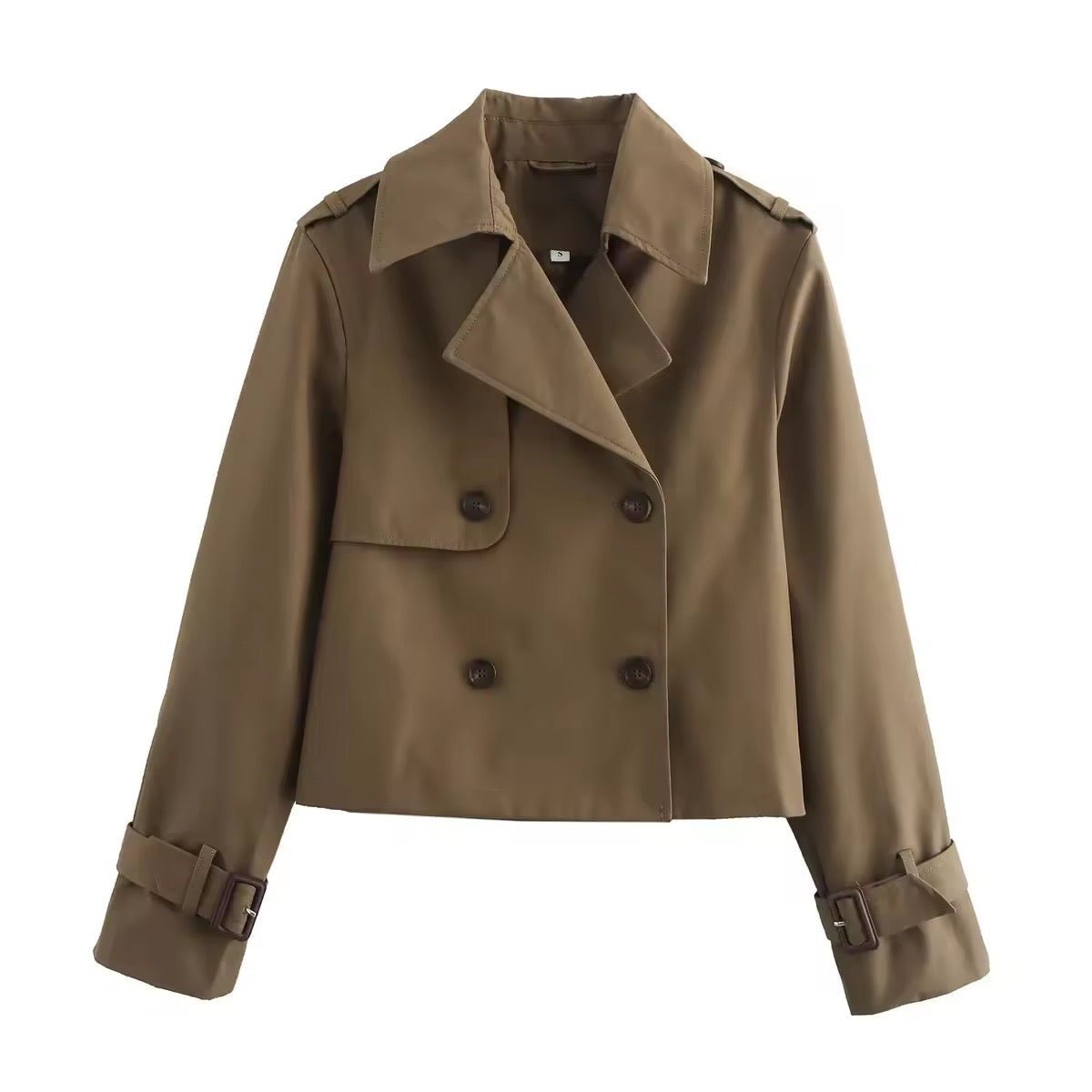 Women's Cropped Double-Breasted Trench Coat Buckle Cuff - Brown