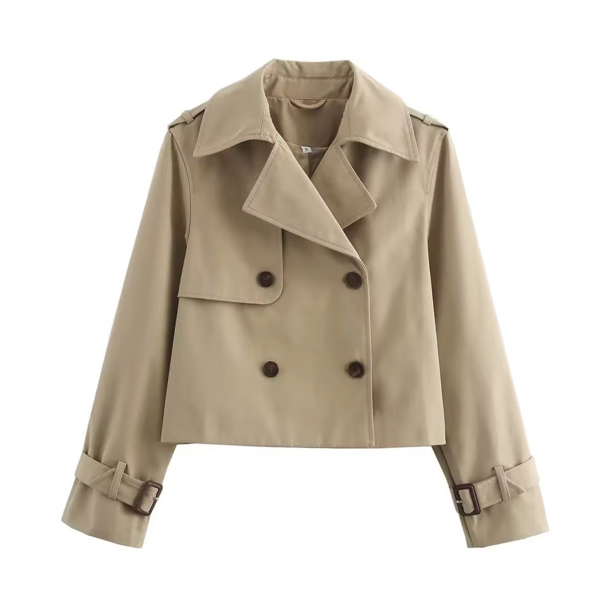 Women's Cropped Double-Breasted Trench Coat Buckle Cuff - Beige