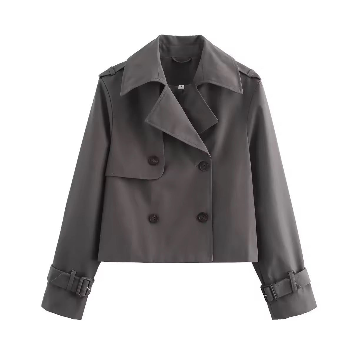 Women's Cropped Double-Breasted Trench Coat Buckle Cuff - Grey