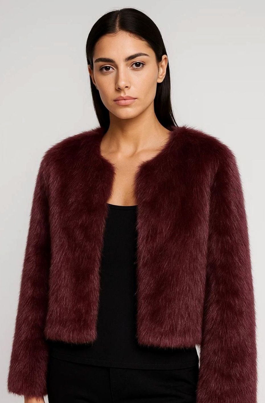 Women's Cropped Faux Fur Collarless Jacket - Burgundy