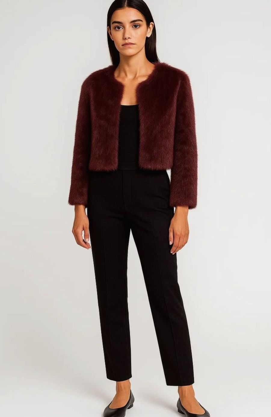Women's Cropped Faux Fur Collarless Jacket