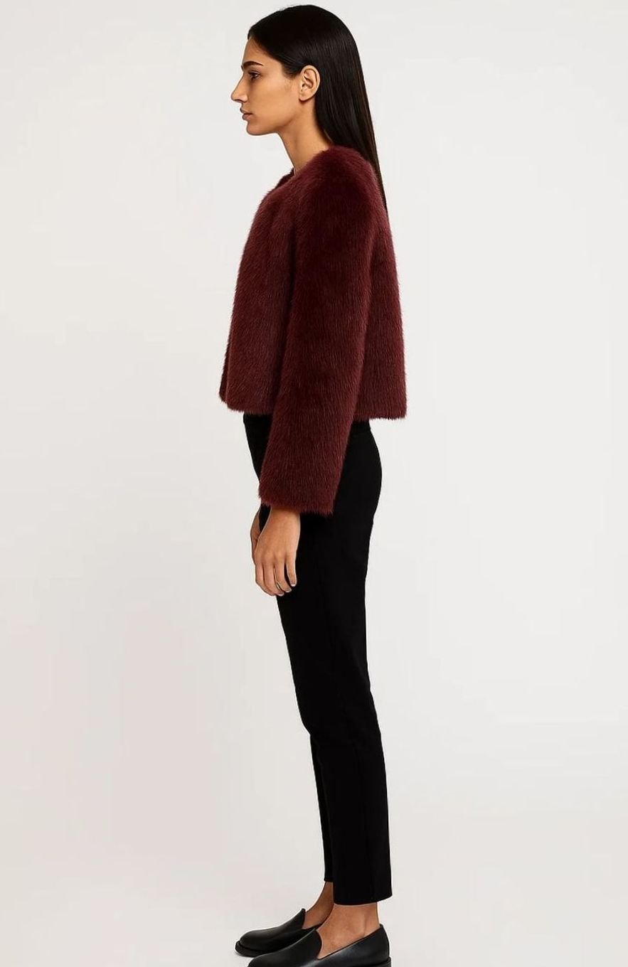 Women's Cropped Faux Fur Collarless Jacket