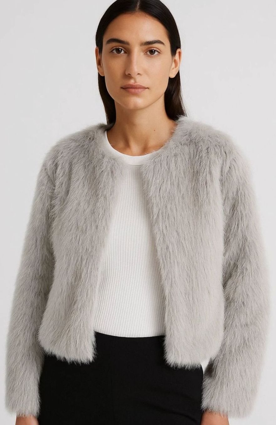 Women's Cropped Faux Fur Collarless Jacket - Light Grey