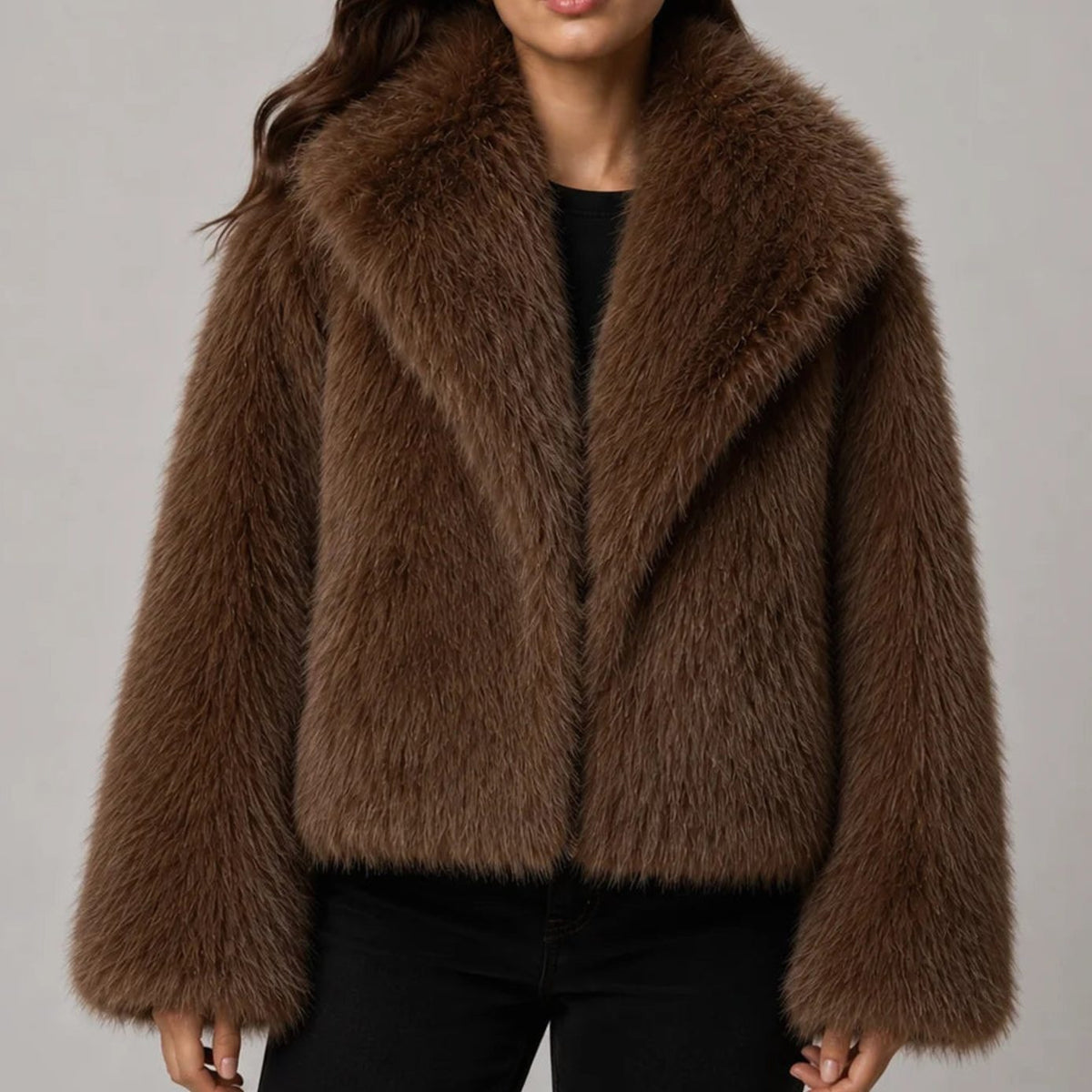 Women's Cropped Faux Fur Fluffy Jacket Oversized Collar - Brown