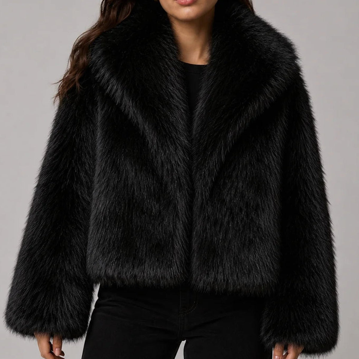 Women's Cropped Faux Fur Fluffy Jacket Oversized Collar - Black