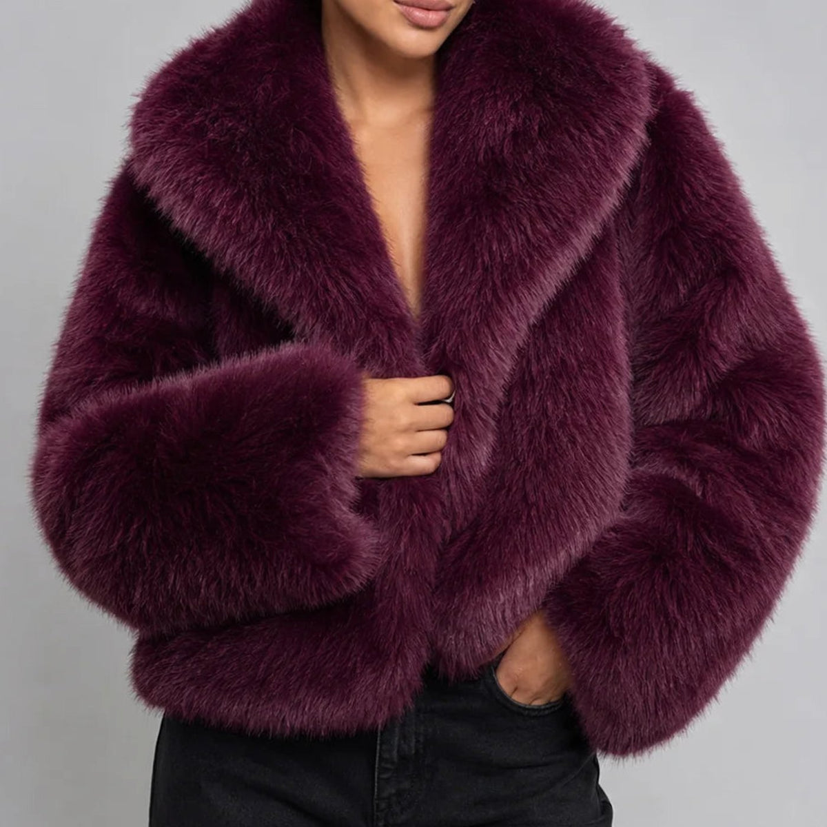 Women's Cropped Faux Fur Fluffy Jacket Oversized Collar - Purple