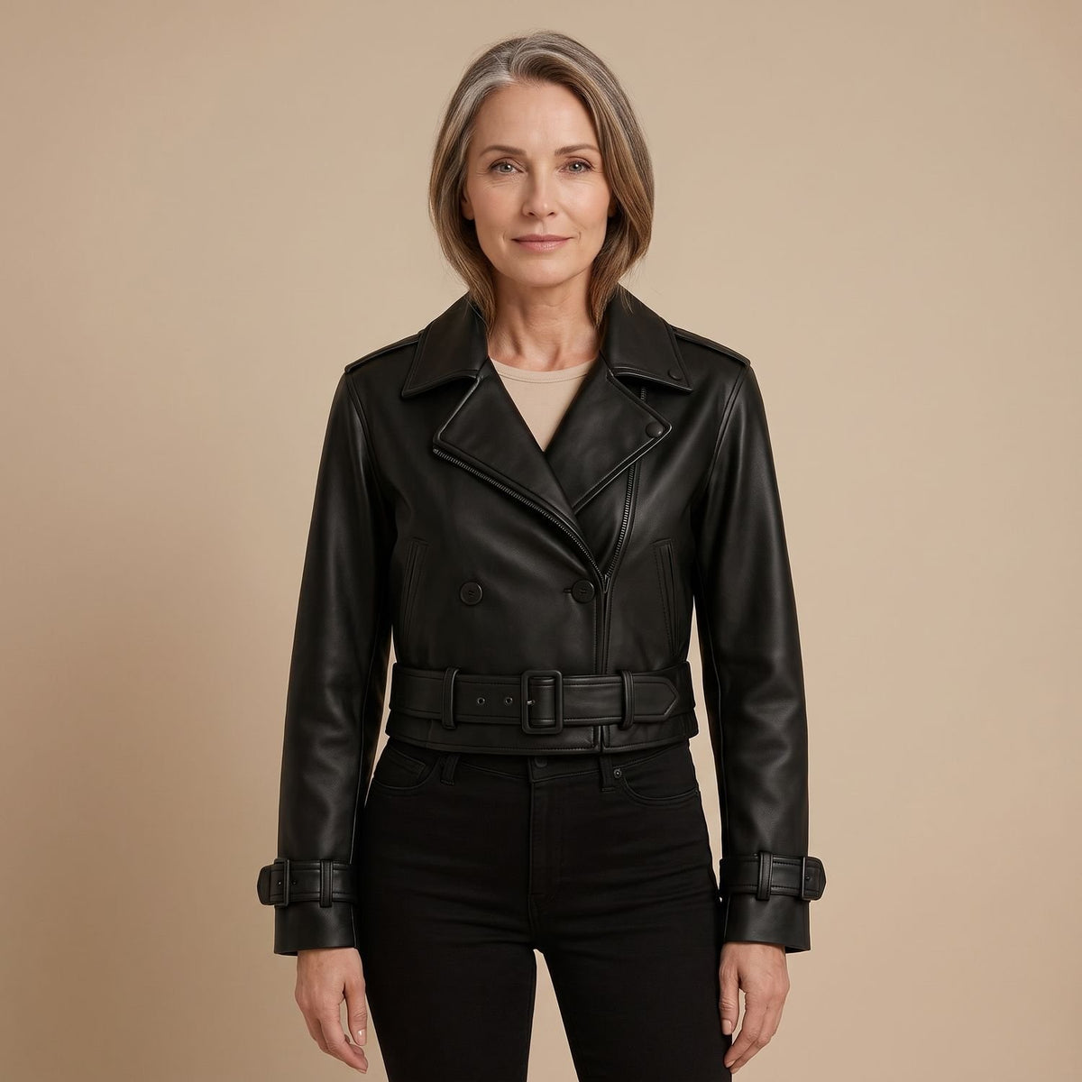 Women's Cropped Faux Leather Trench Jacket Belted - Black