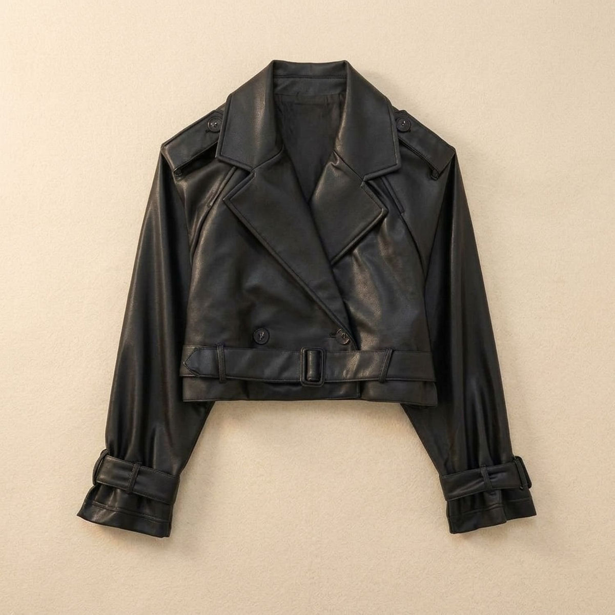 Women's Cropped Faux Leather Trench Jacket Belted