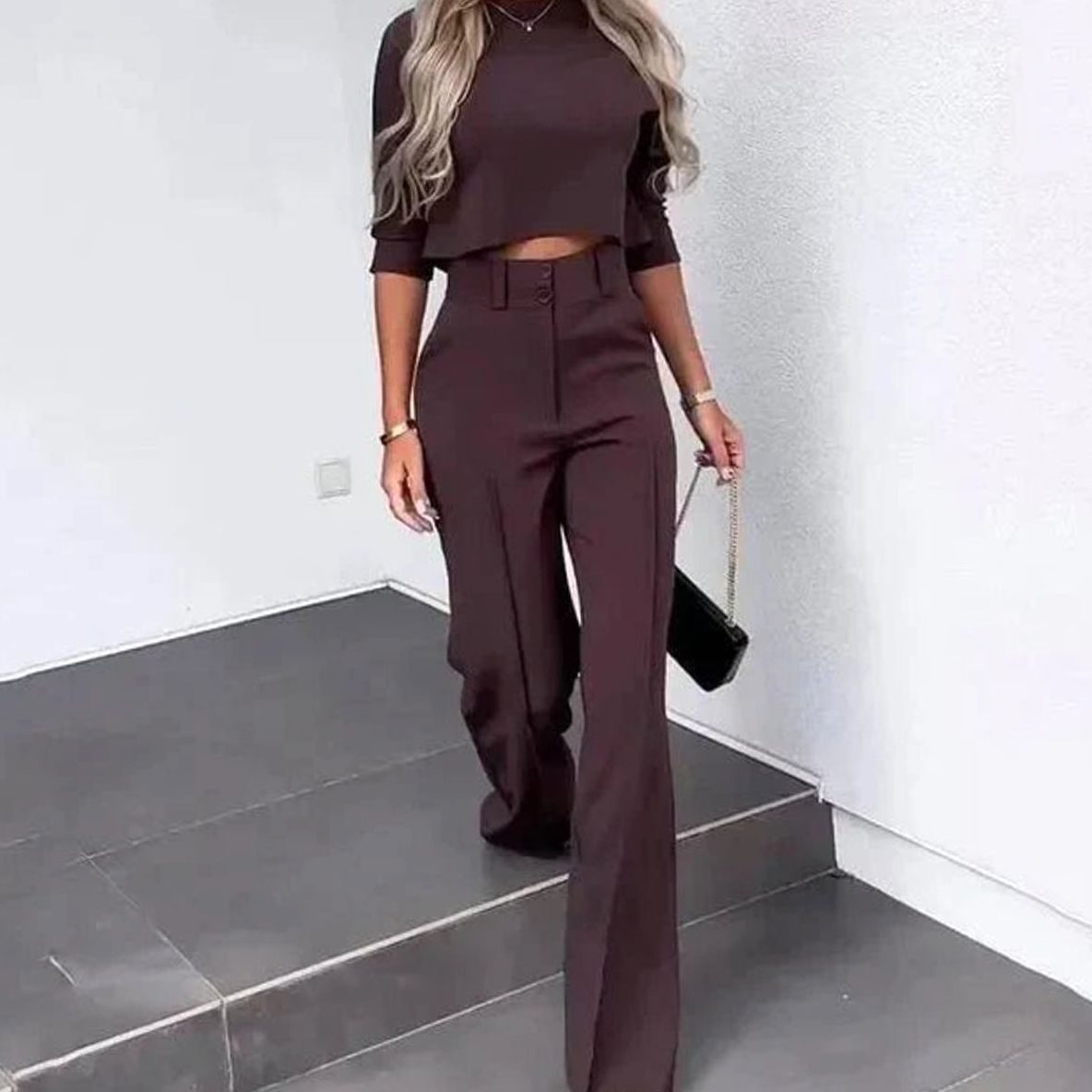 Women's Cropped Matching Top High-Waist Wide-Leg Trouser Set - Brown