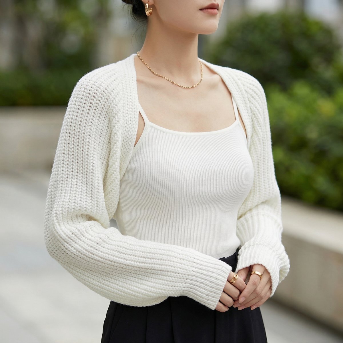 Women's Cropped Ribbed Knit Shrug Jumper Raglan Sleeve - White
