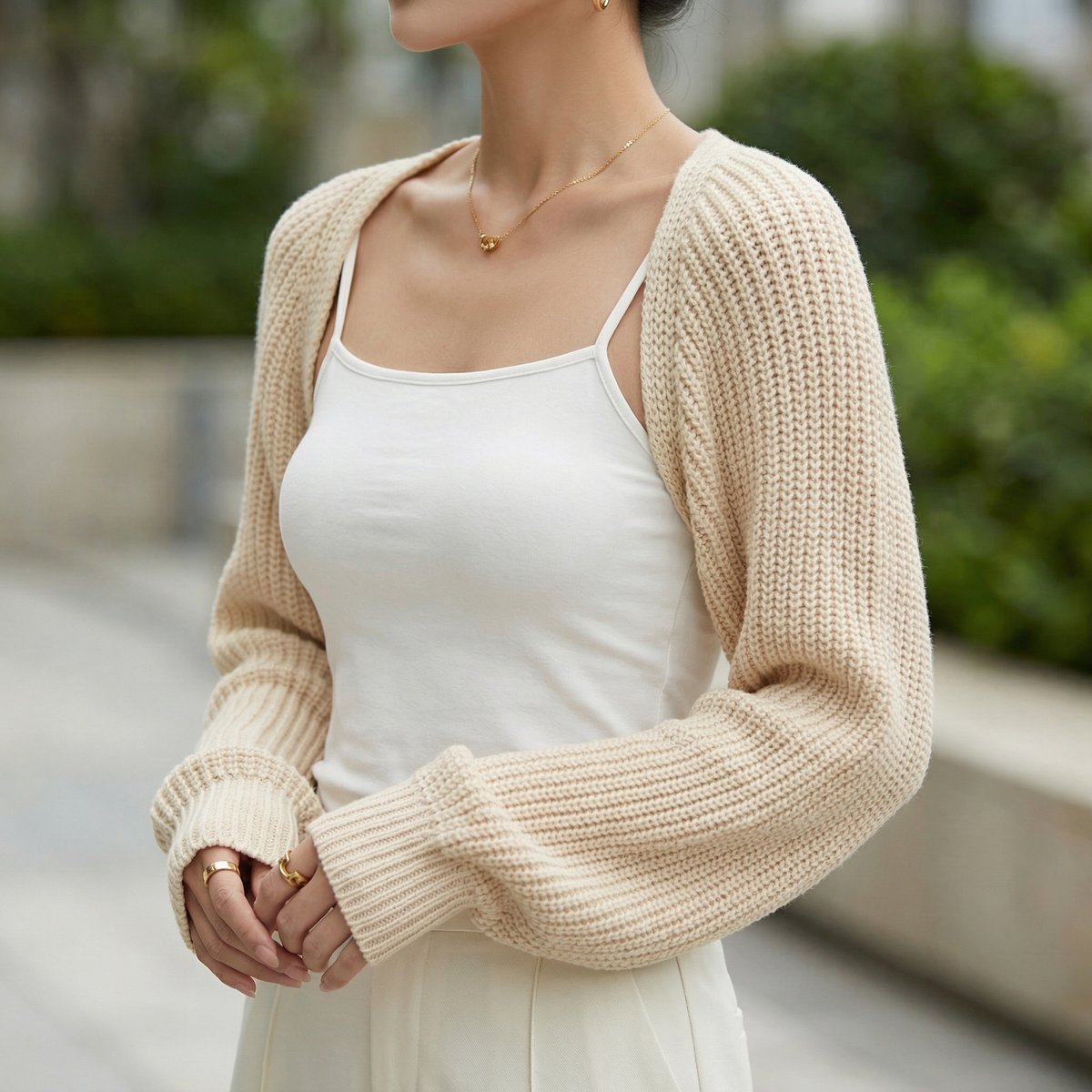 Women's Cropped Ribbed Knit Shrug Jumper Raglan Sleeve - Beige