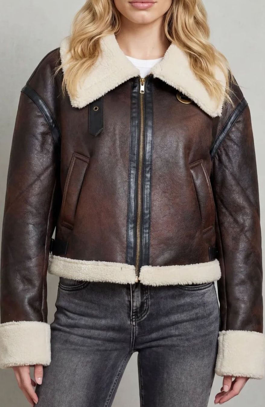 Women's Cropped Shearling-Trim Faux Leather Aviator Jacket - Brown