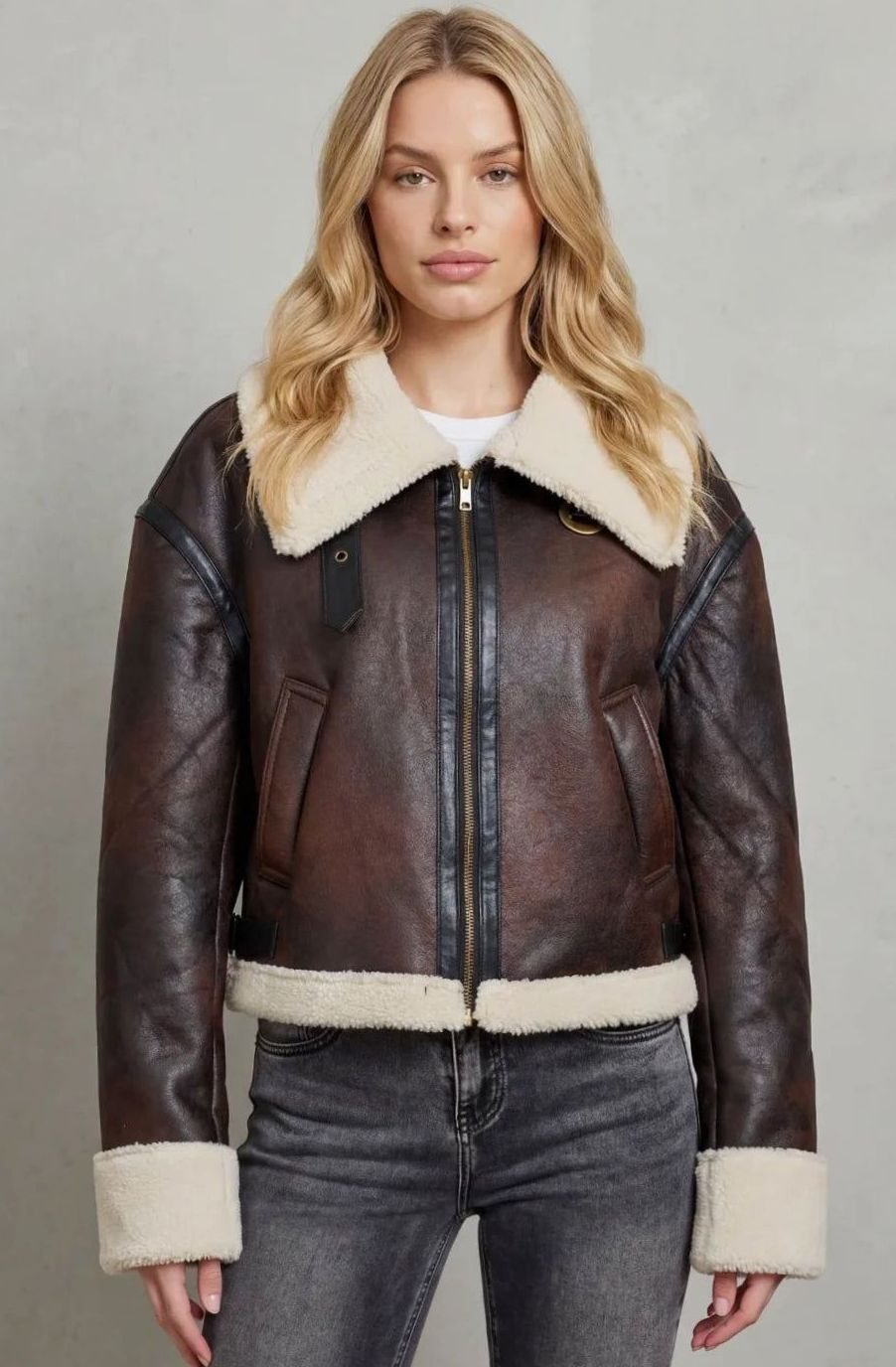 Women's Cropped Shearling-Trim Faux Leather Aviator Jacket