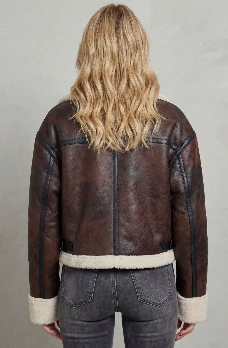 Women's Cropped Shearling-Trim Faux Leather Aviator Jacket