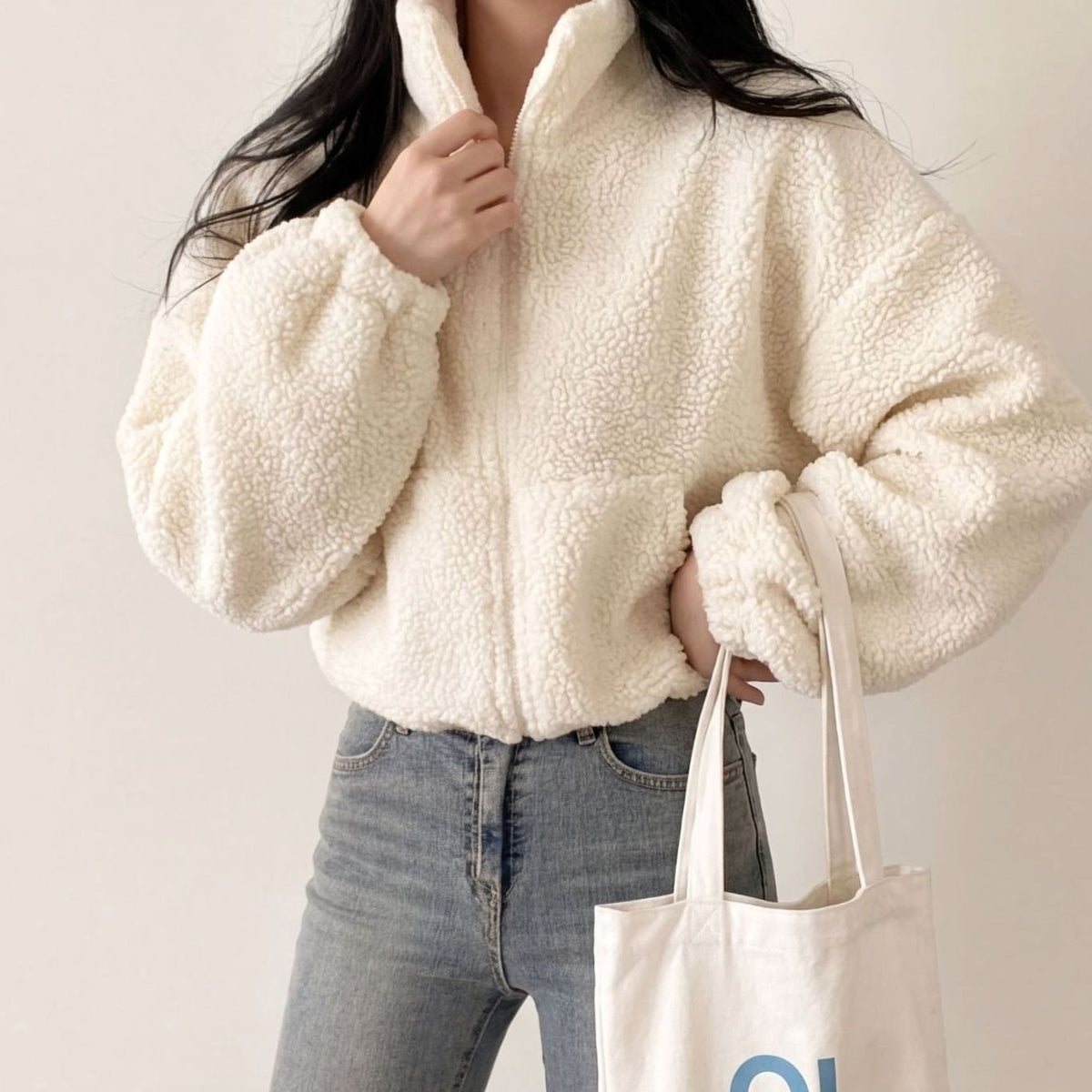 Women's Cropped Sherpa Fleece Jacket Funnel Neck Half-Zip - Cream