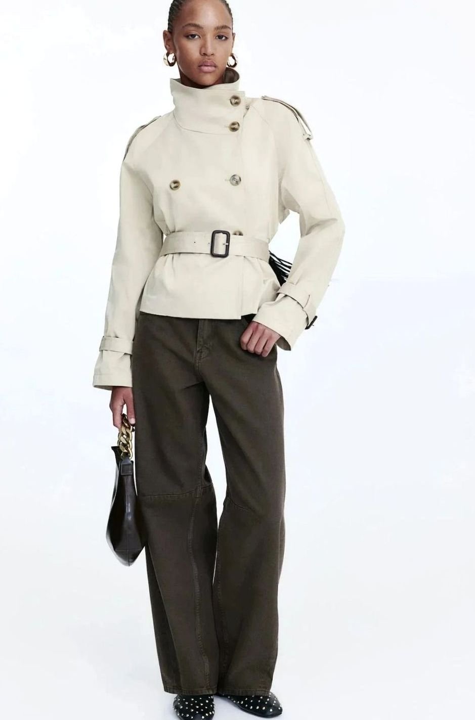 Women's Cropped Trench Coat High-Neck Belted Double-Breasted Jacket