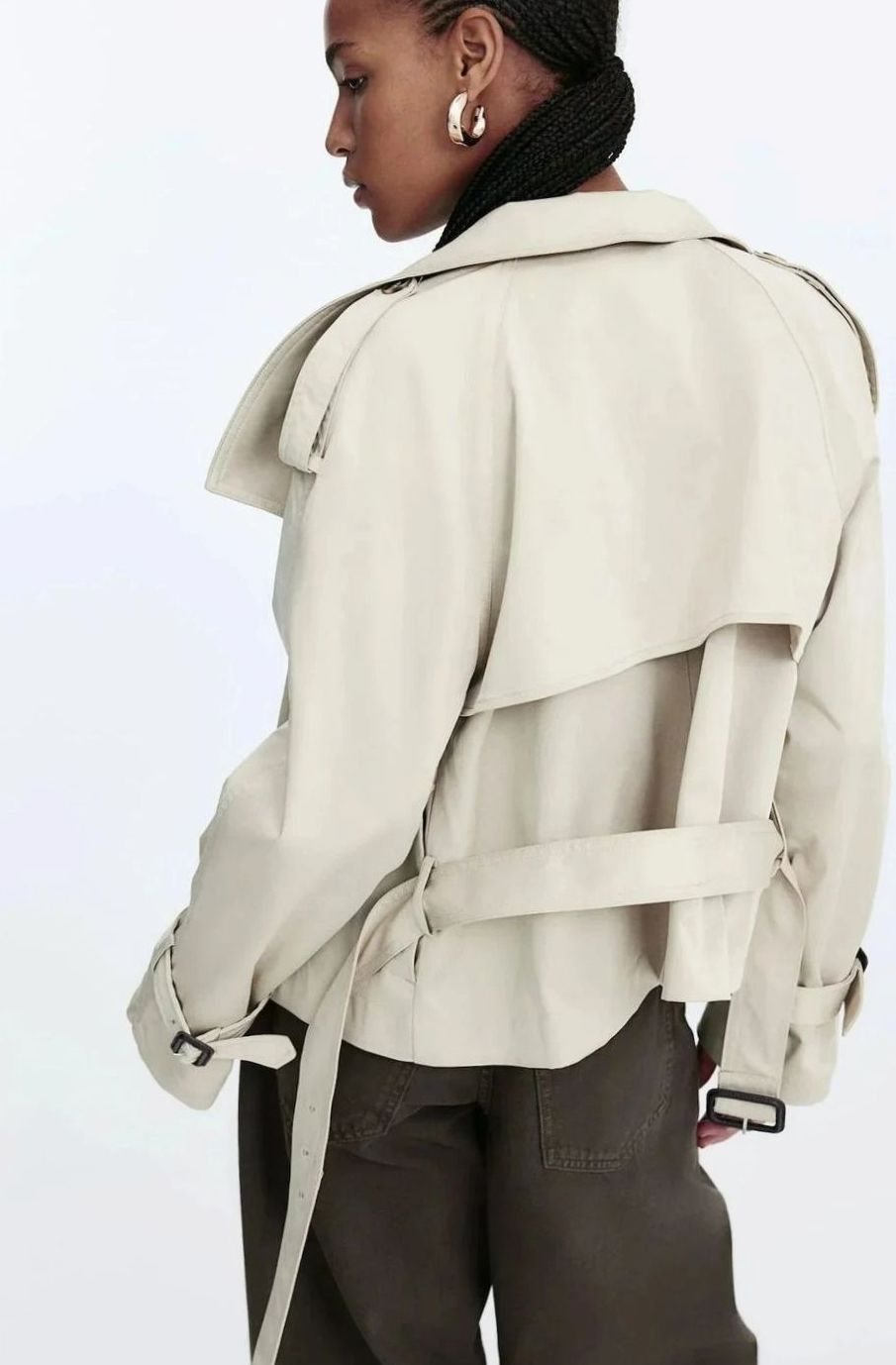 Women's Cropped Trench Coat High-Neck Belted Double-Breasted Jacket