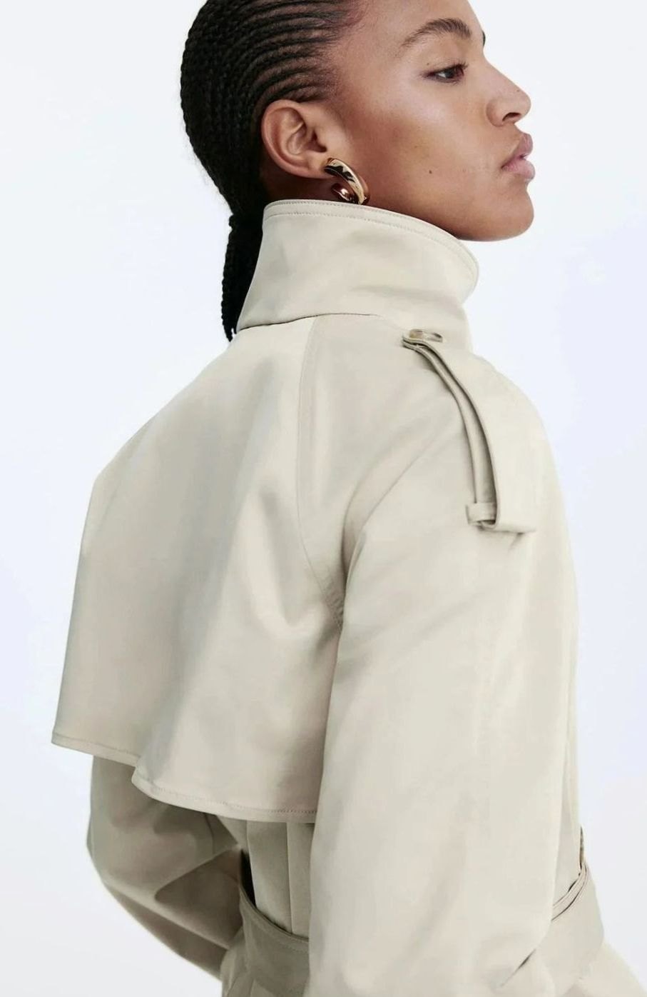 Women's Cropped Trench Coat High-Neck Belted Double-Breasted Jacket