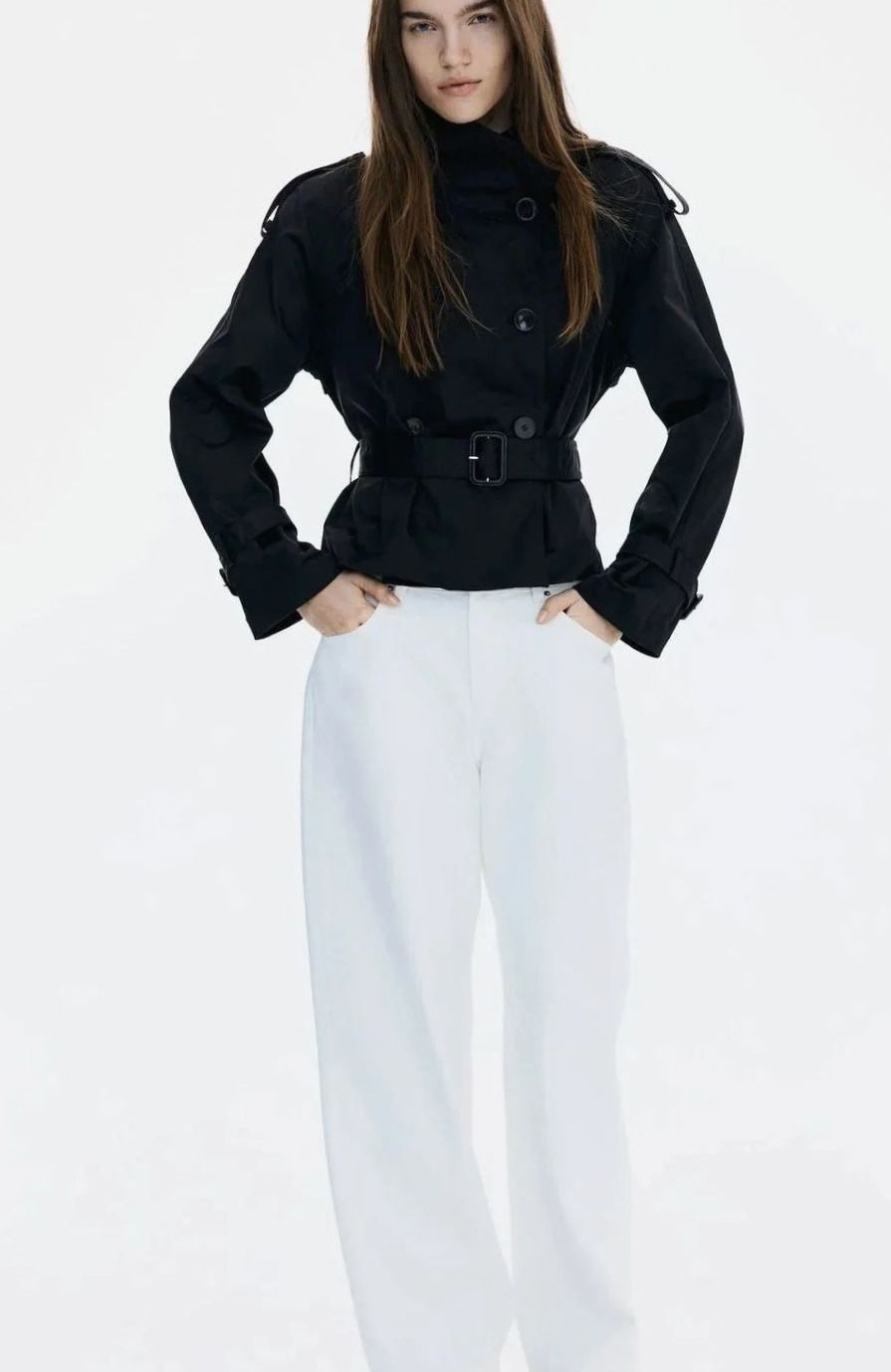 Women's Cropped Trench Coat High-Neck Belted Double-Breasted Jacket