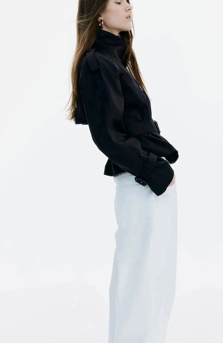 Women's Cropped Trench Coat High-Neck Belted Double-Breasted Jacket