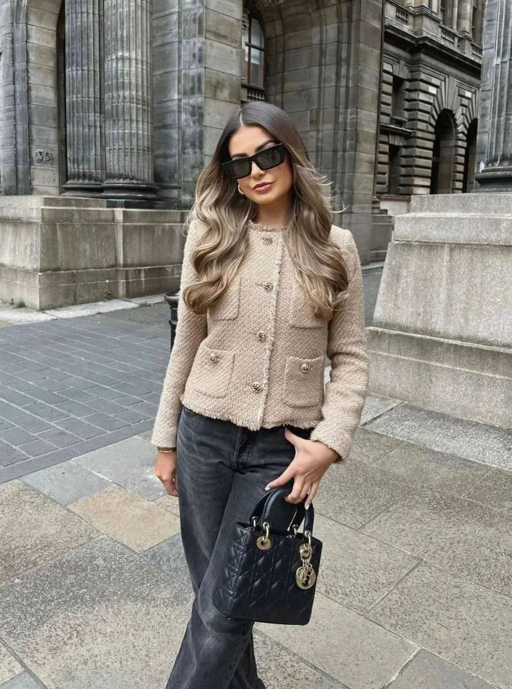 Women's Cropped Tweed Blazer Collarless Gold-Button Jacket