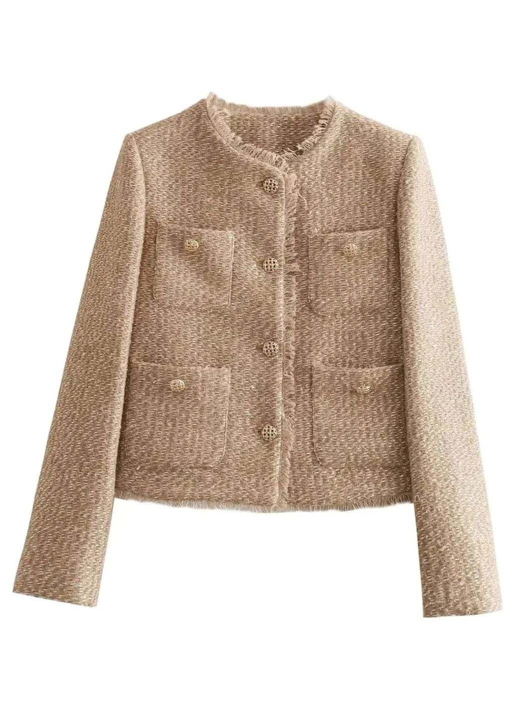 Women's Cropped Tweed Blazer Collarless Gold-Button Jacket