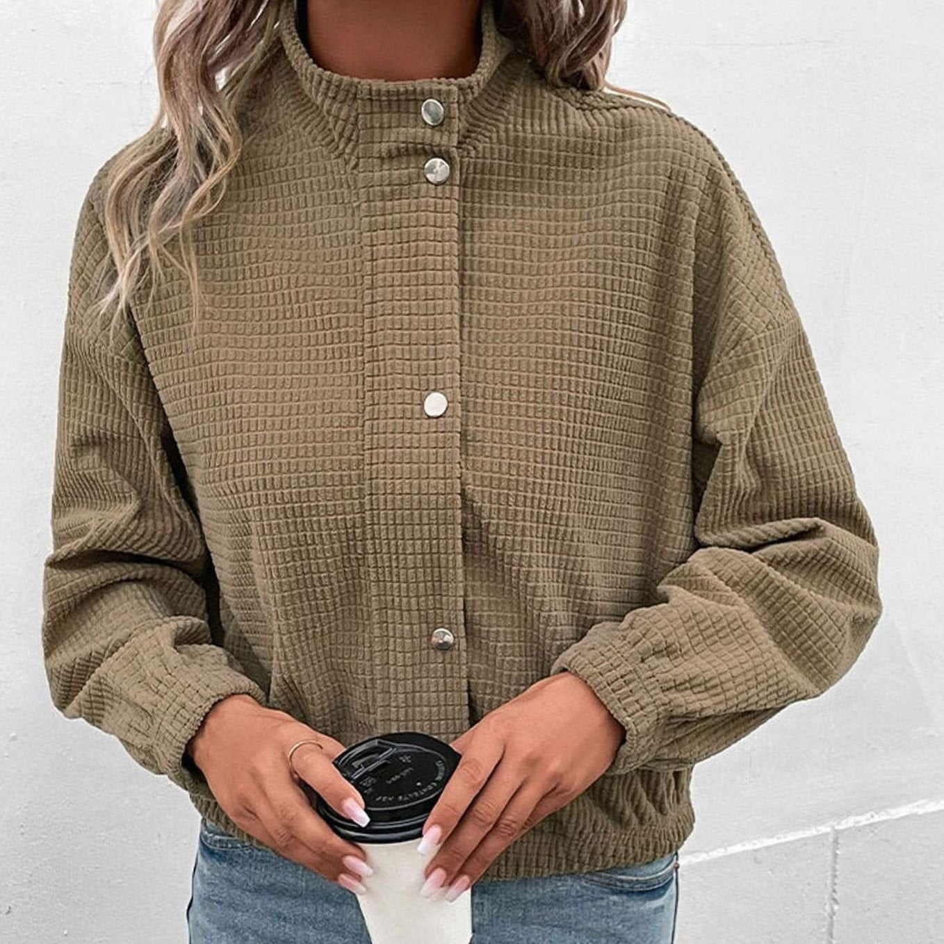 Women's Cropped Waffle-Knit Button-Up Bomber Jacket