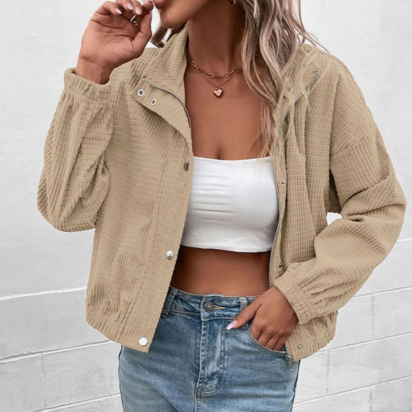 Women's Cropped Waffle-Knit Button-Up Bomber Jacket
