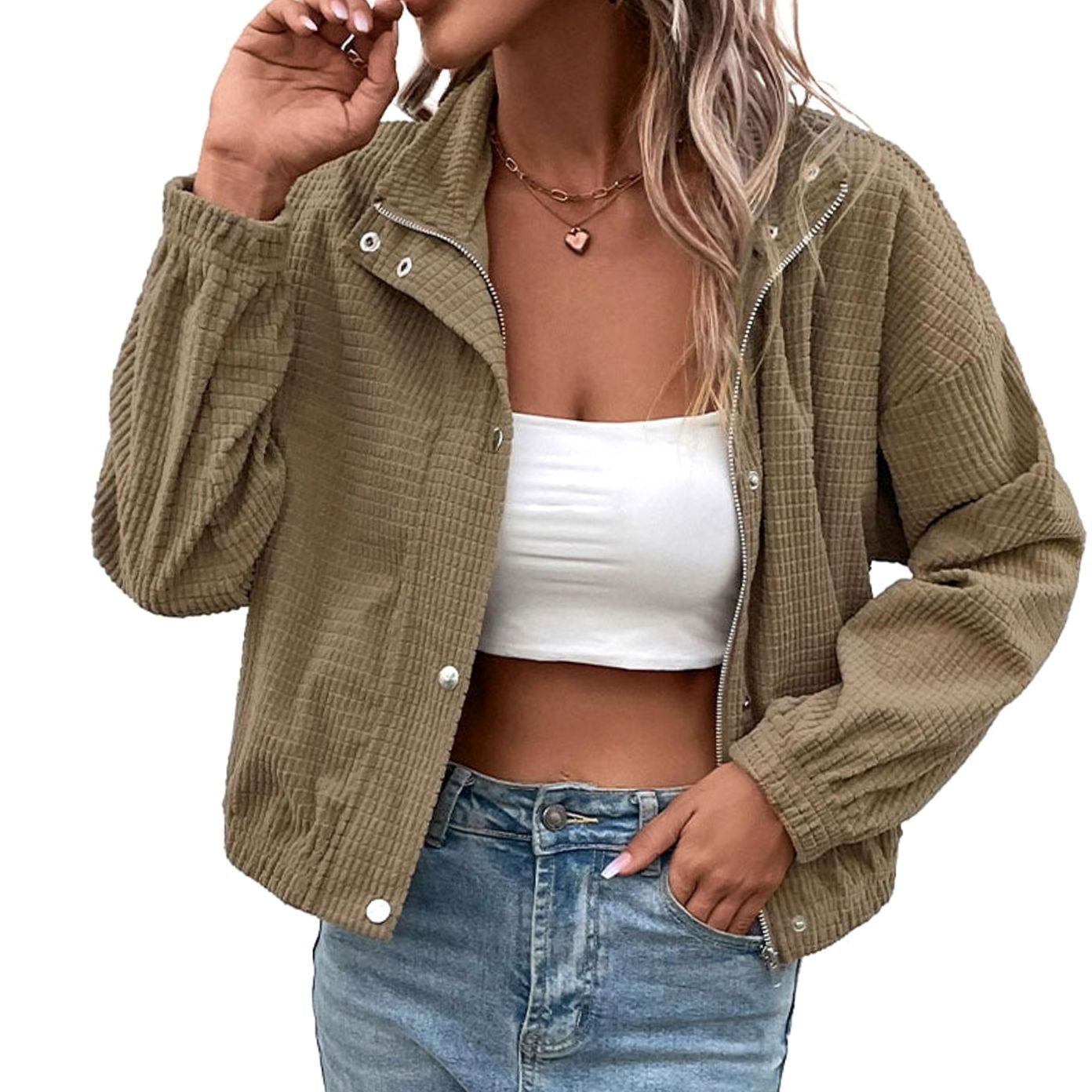 Women's Cropped Waffle-Knit Button-Up Bomber Jacket