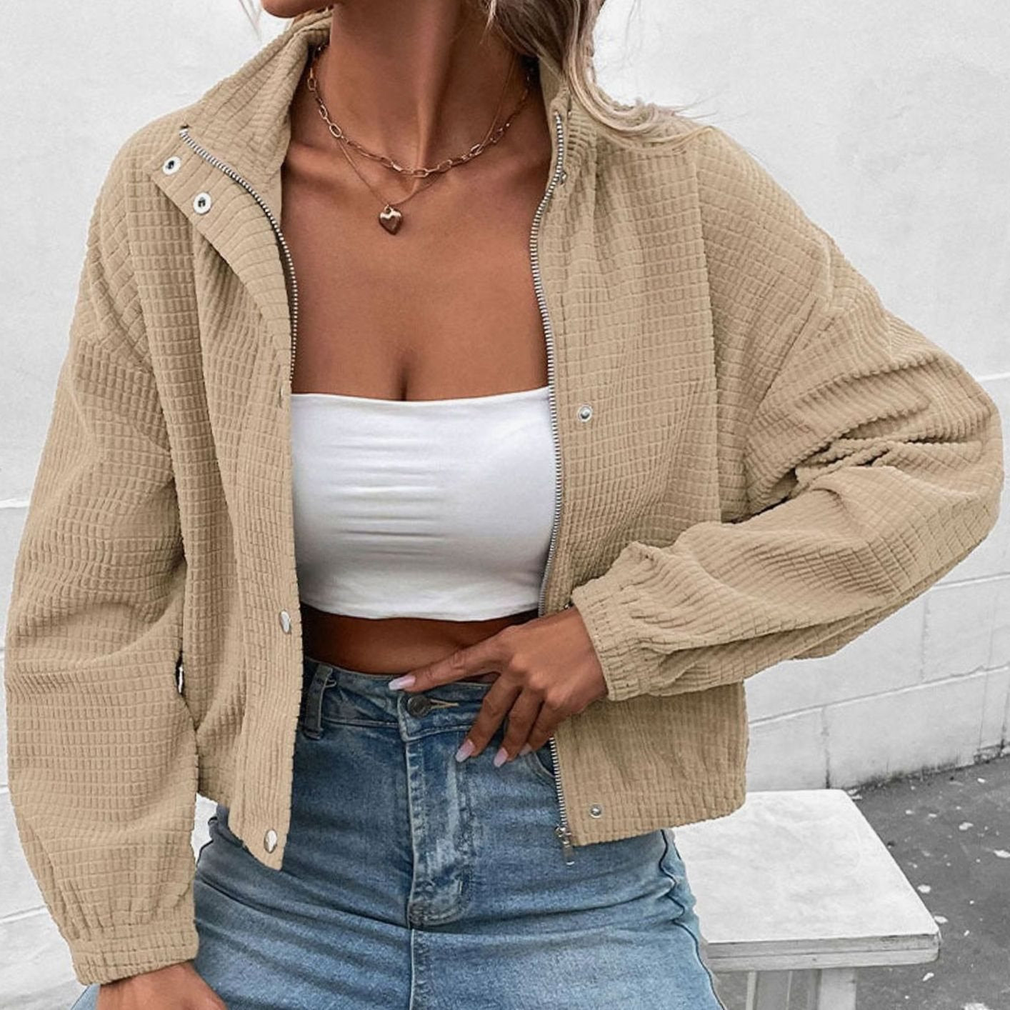 Women's Cropped Waffle-Knit Button-Up Bomber Jacket - Apricot