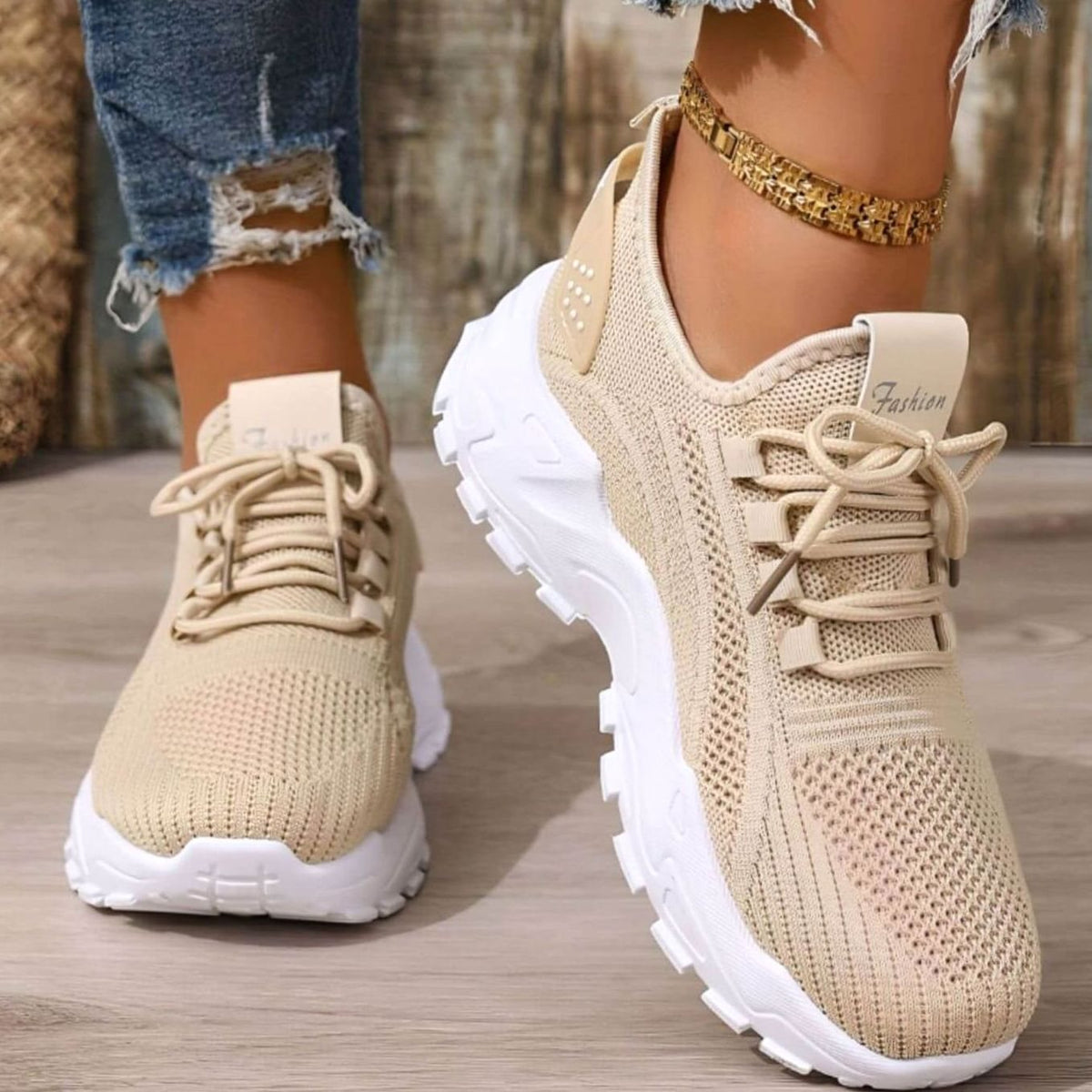 Women's Cushioned Walking Trainers Breathable Knit Lace-Up Trainers - Khaki
