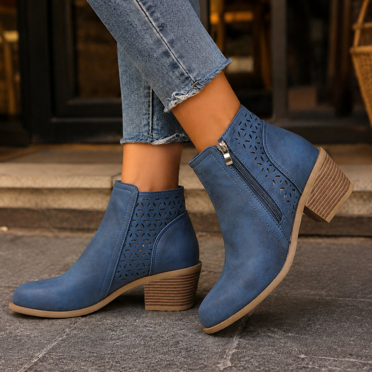 Women's Cutout Panel Side-Zip Block-Heel Ankle Boots - Blue