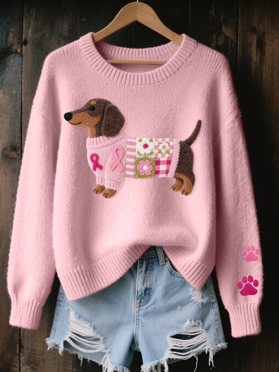 Women's Dachshund Patchwork Floral Crew Neck Knit Sweater - Pink