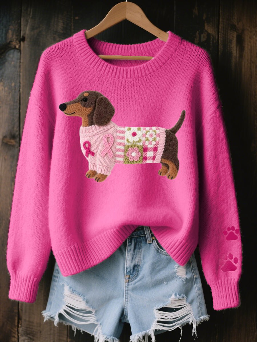 Women's Dachshund Patchwork Floral Crew Neck Knit Sweater - Dark Pink