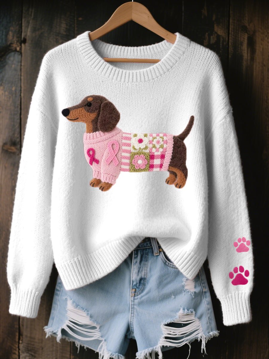 Women's Dachshund Patchwork Floral Crew Neck Knit Sweater - White