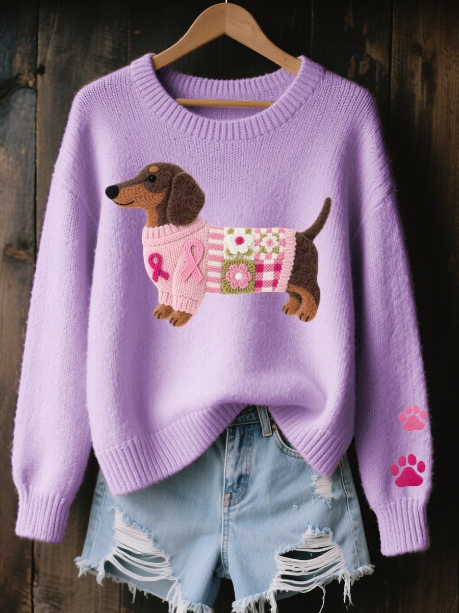 Women's Dachshund Patchwork Floral Crew Neck Knit Sweater - Purple