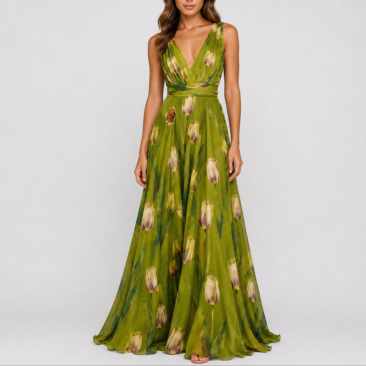 Women's Deep V-Neck Floral Chiffon A-Line Maxi Dress - Green