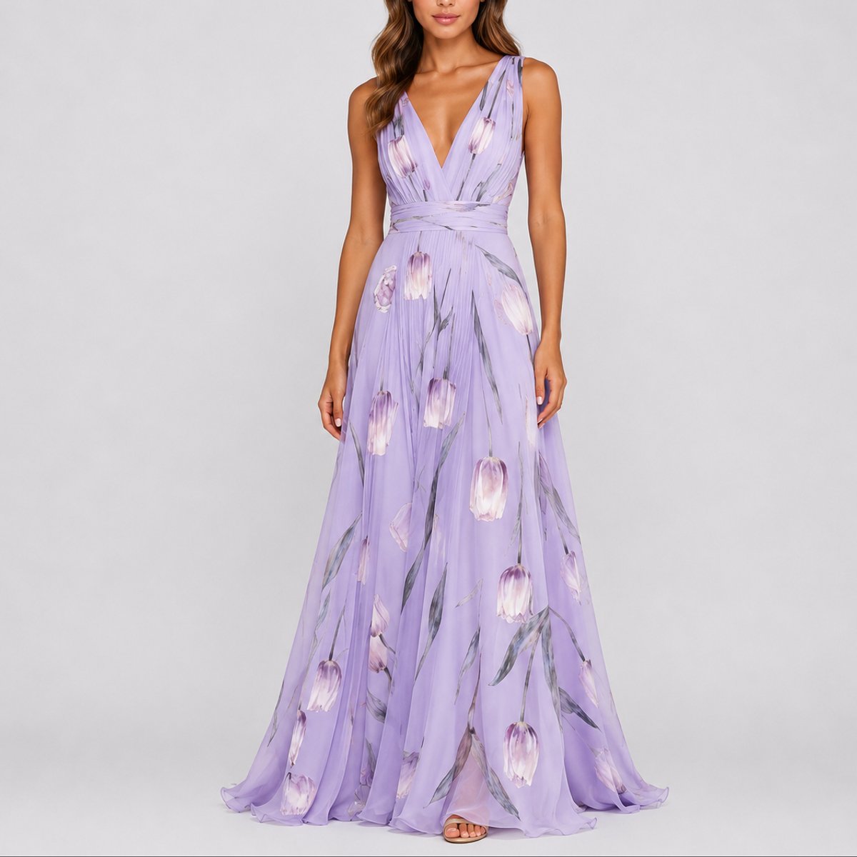 Women's Deep V-Neck Floral Chiffon A-Line Maxi Dress - Purple
