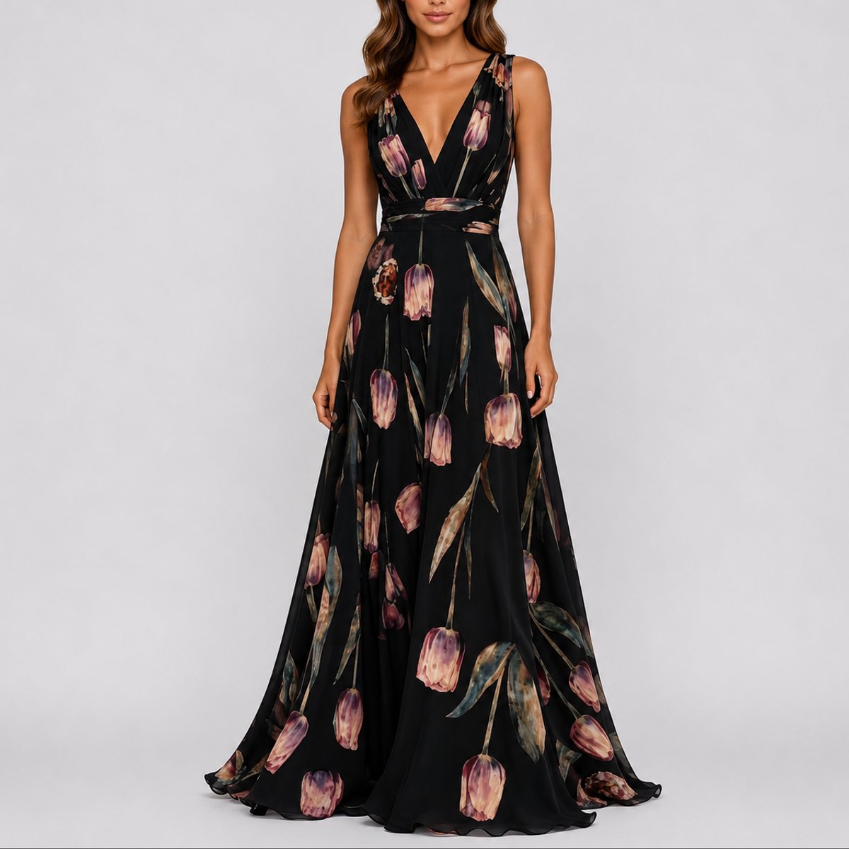 Women's Deep V-Neck Floral Chiffon A-Line Maxi Dress - Black