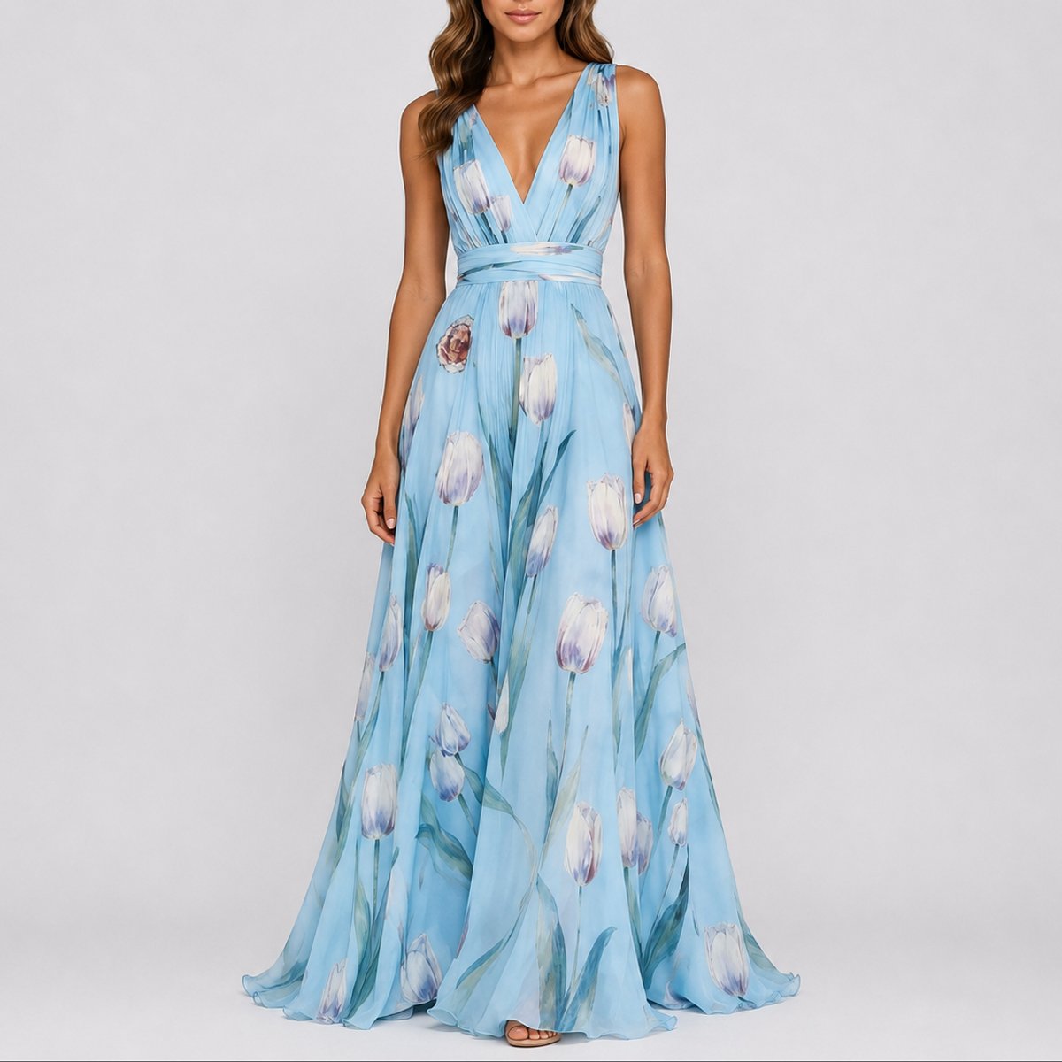 Women's Deep V-Neck Floral Chiffon A-Line Maxi Dress - Baby Blue