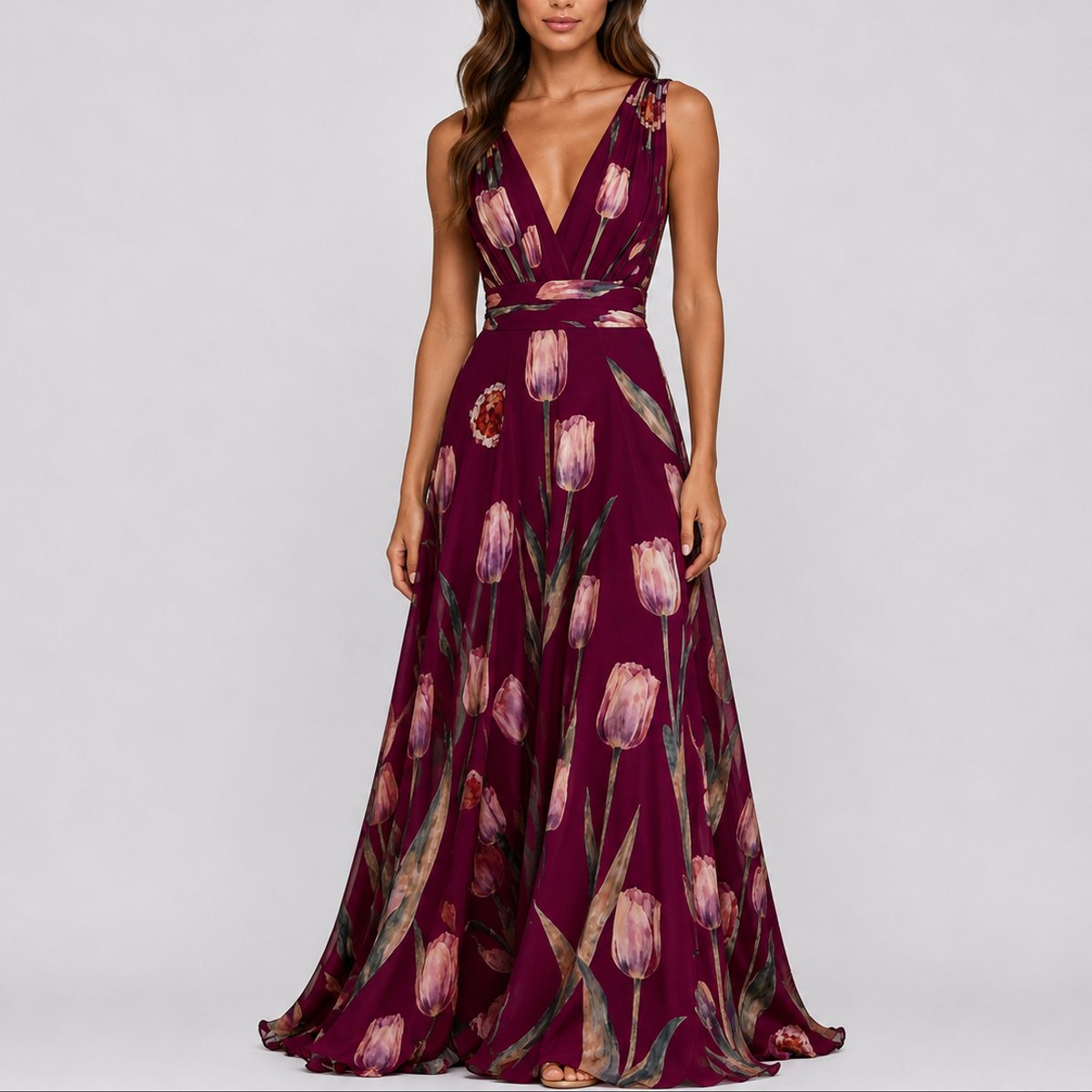 Women's Deep V-Neck Floral Chiffon A-Line Maxi Dress - Red