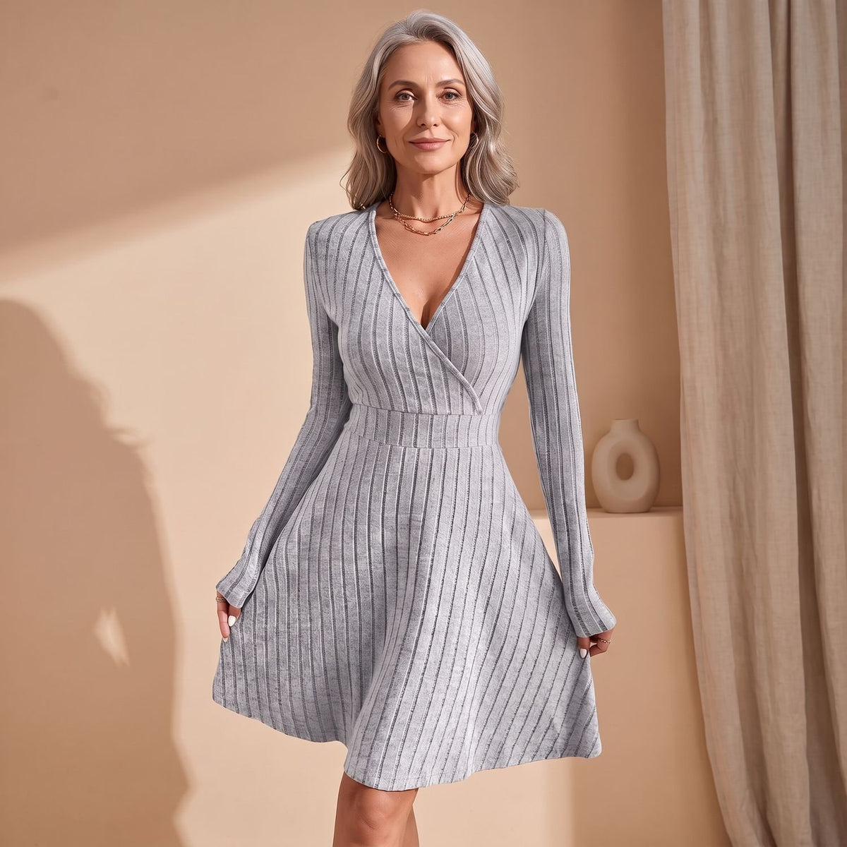 Women's Deep V-Neck Long Sleeve Ribbed Knit A-Line Mini Dress
