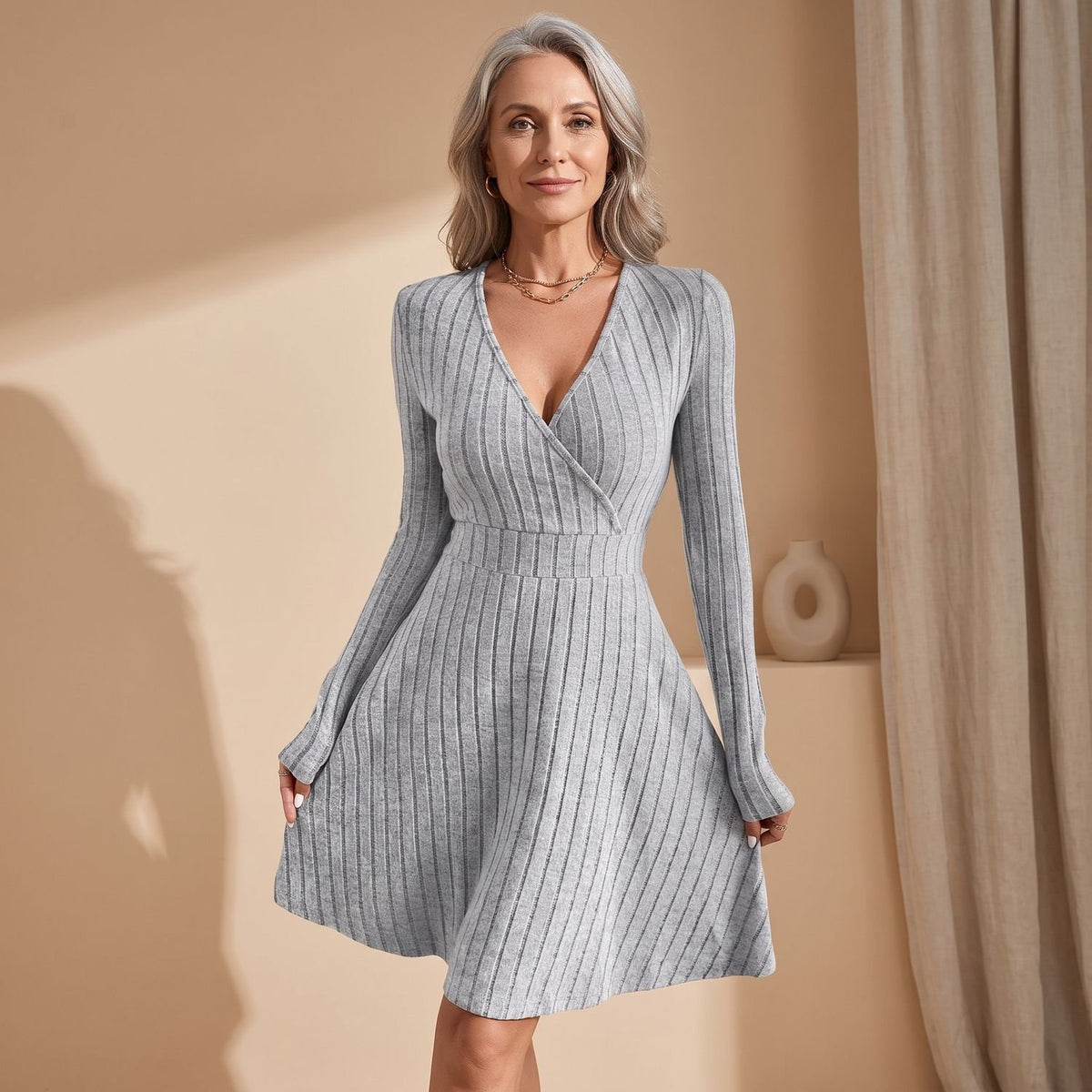 Women's Deep V-Neck Long Sleeve Ribbed Knit A-Line Mini Dress
