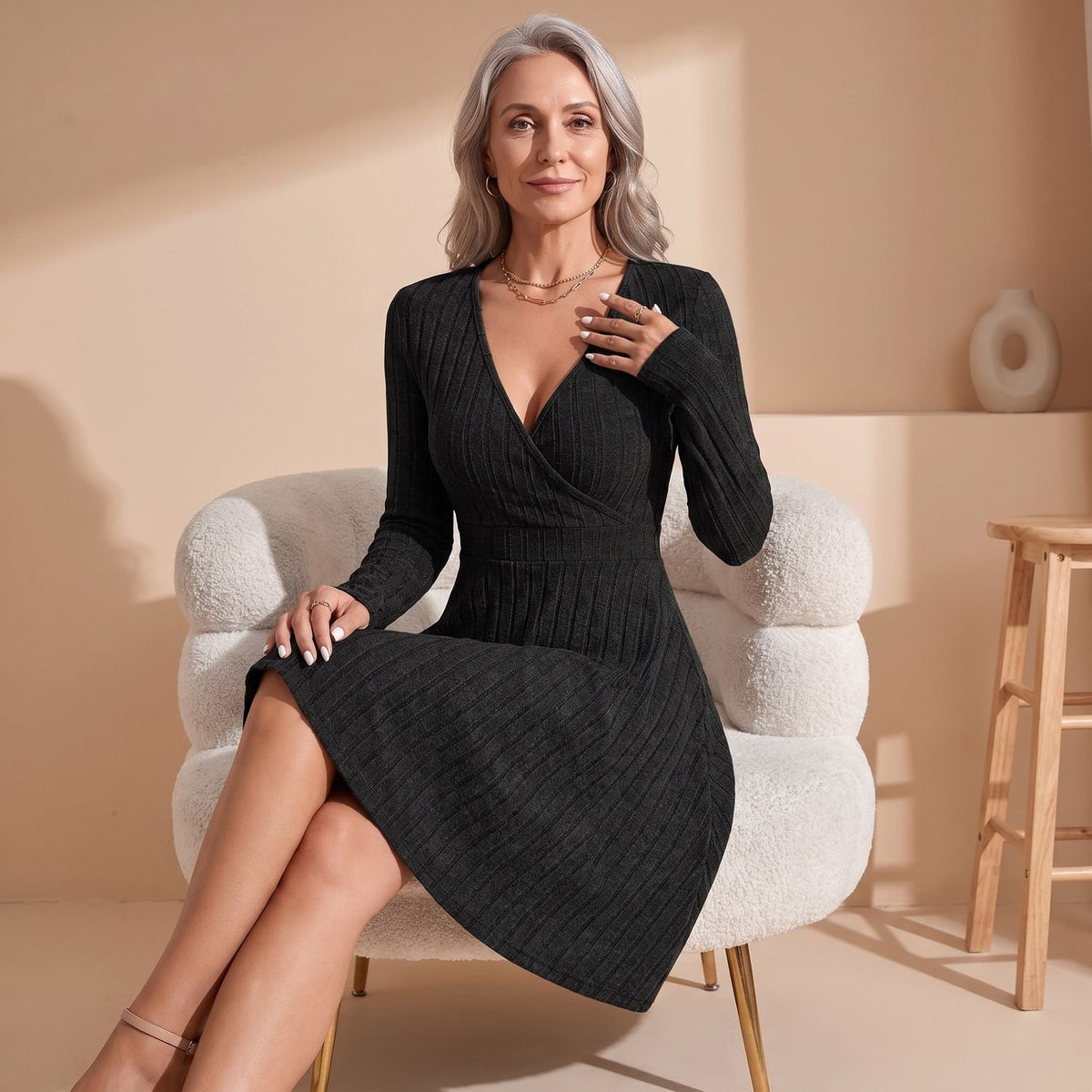 Women's Deep V-Neck Long Sleeve Ribbed Knit A-Line Mini Dress - Black