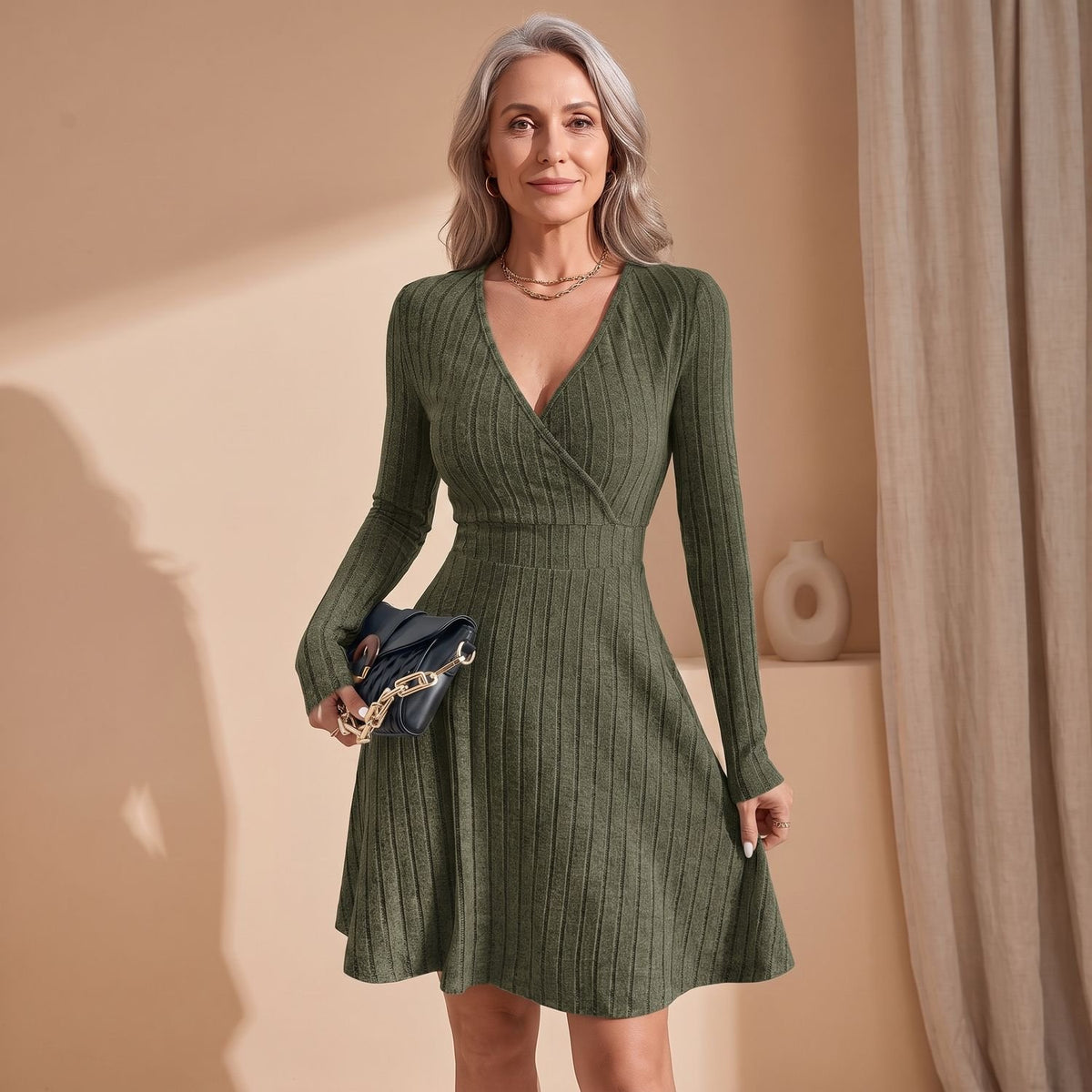 Women's Deep V-Neck Long Sleeve Ribbed Knit A-Line Mini Dress