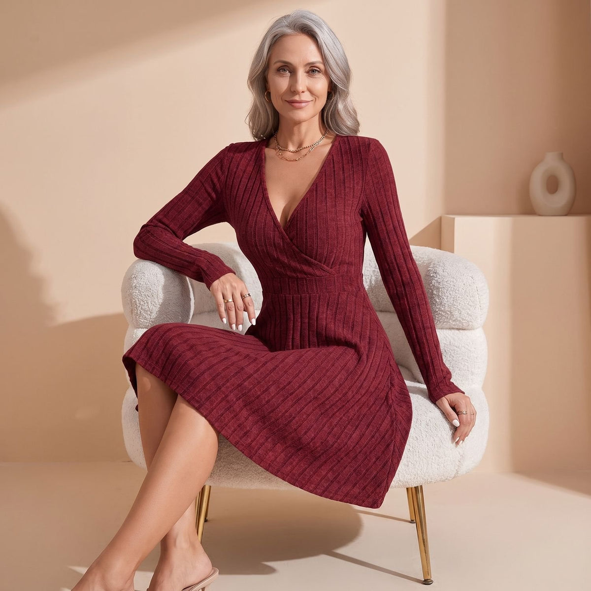 Women's Deep V-Neck Long Sleeve Ribbed Knit A-Line Mini Dress - Red